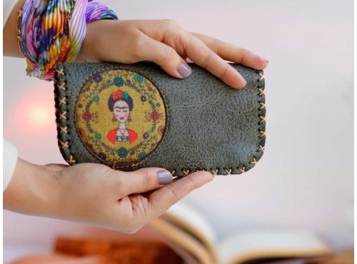 Frida Figürlü Büyük Cüzdan Etnik Bohem Retro Vintage Style - YESIL